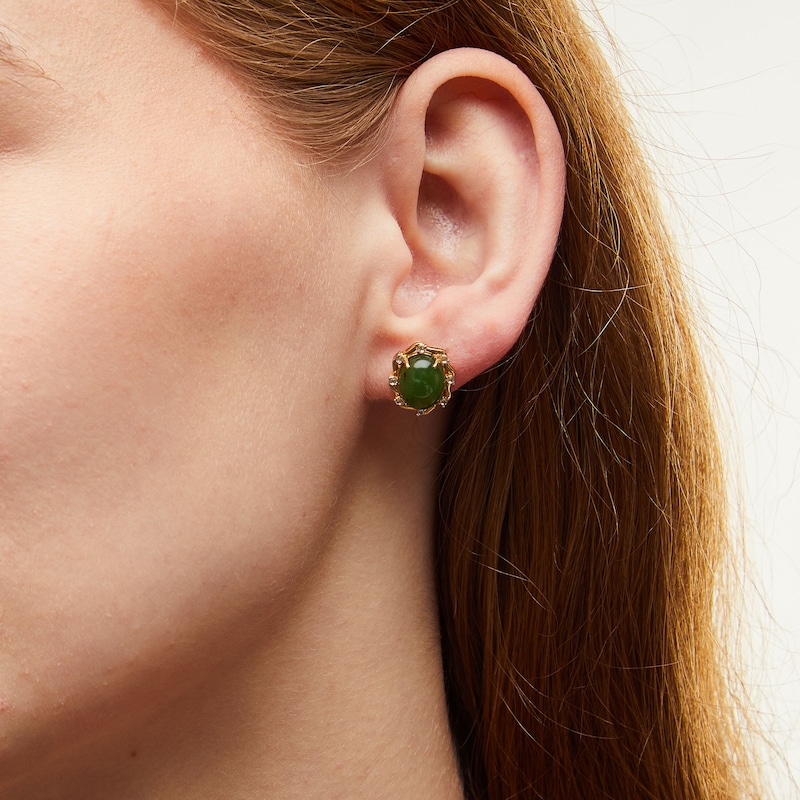 Main Image 2 of Oval Jade and 1/8 CT. T.W. Diamond Alternating Frame Stud Earrings in 14K Gold