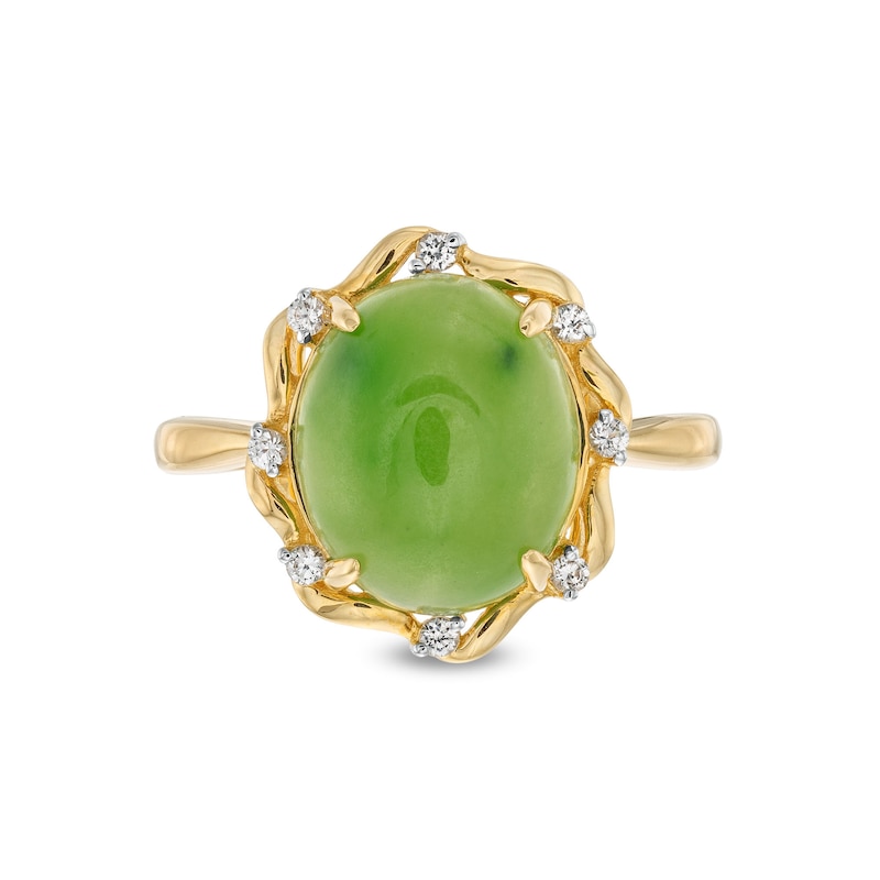 Main Image 4 of Oval Jade and 1/15 CT. T.W. Diamond Alternating Frame Ring in 14K Gold