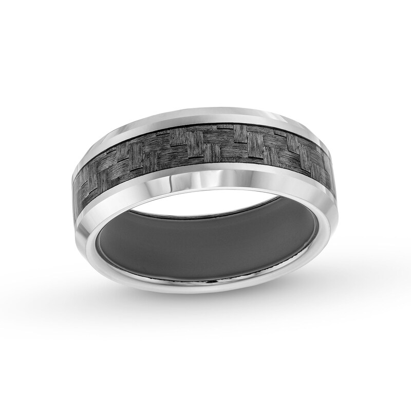 Main Image 1 of 8.0mm Beveled Edge Wedding Band in Tungsten with Woven Carbon Fiber Inlay and Silicone - Size 10