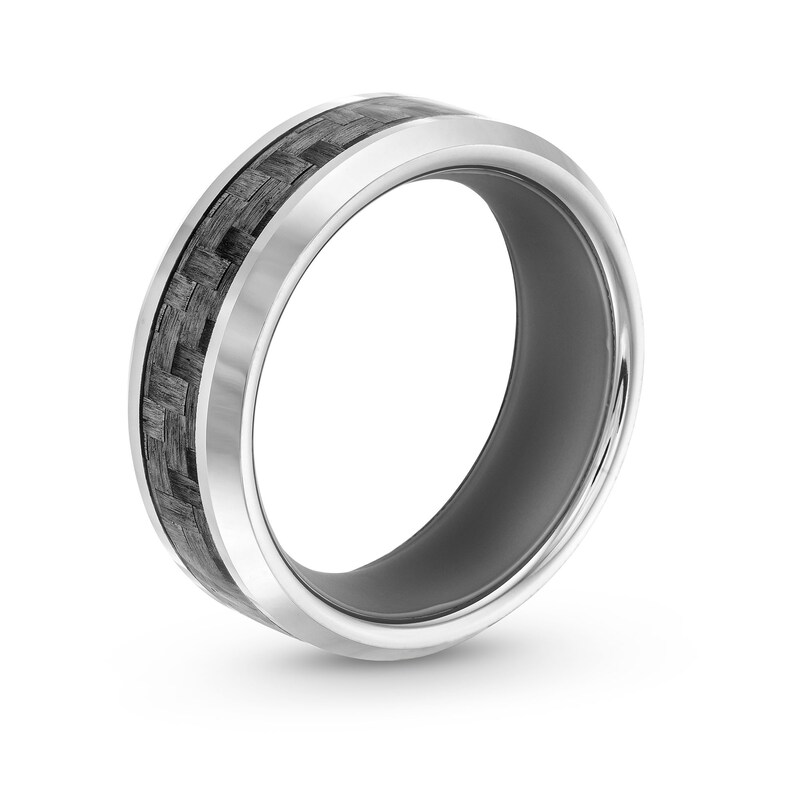 Main Image 2 of 8.0mm Beveled Edge Wedding Band in Tungsten with Woven Carbon Fiber Inlay and Silicone - Size 10