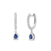 Thumbnail Image 1 of Pear-Shaped Blue Sapphire and 1/8 CT. T.W. Diamond Dangle Hoop Earrings in 10K White Gold