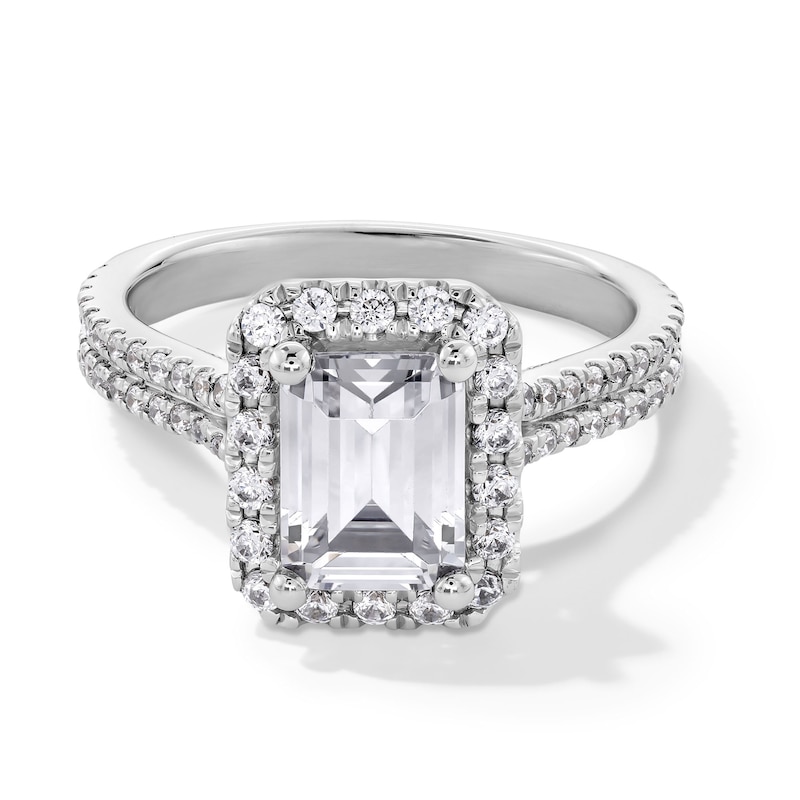 Main Image 1 of 2-5/8 CT. T.W. Emerald-Cut Certified Lab-Grown Diamond Frame Double Row Engagement Ring in 14K White Gold (F/SI2)