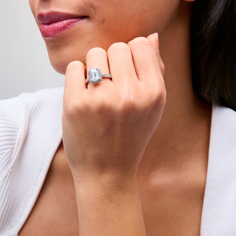 Main Image 2 of 2-5/8 CT. T.W. Emerald-Cut Certified Lab-Grown Diamond Frame Double Row Engagement Ring in 14K White Gold (F/SI2)