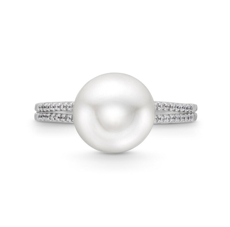 Main Image 4 of 9.0mm Freshwater Cultured Pearl and 1/10 CT. T.W. Diamond Double Row Shank Ring in 10K White Gold