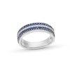 Thumbnail Image 0 of Vera Wang Love Collection Men’s 1/4 CT. T.W. Diamond and Blue Sapphire Tripe Row Wedding Band in 14K White Gold