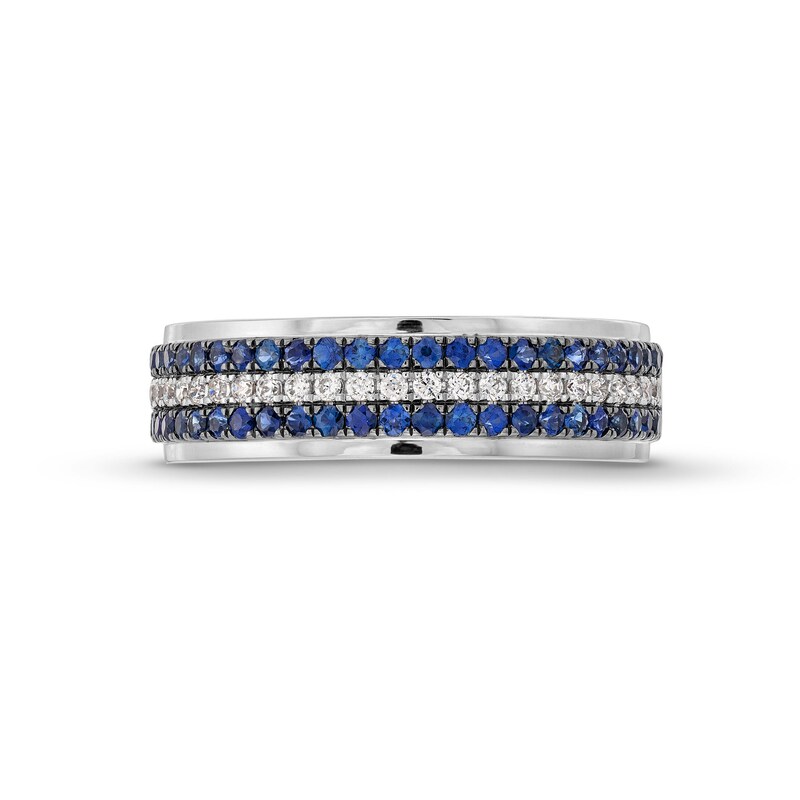 Main Image 3 of Vera Wang Love Collection Men’s 1/4 CT. T.W. Diamond and Blue Sapphire Tripe Row Wedding Band in 14K White Gold