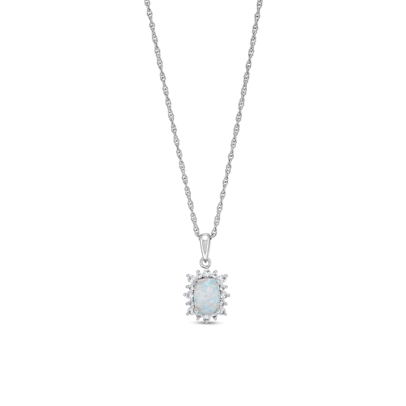 Main Image 1 of Cushion-Shaped Lab-Created Opal and White Lab-Created Sapphire Sunburst Frame Pendant in Sterling Silver