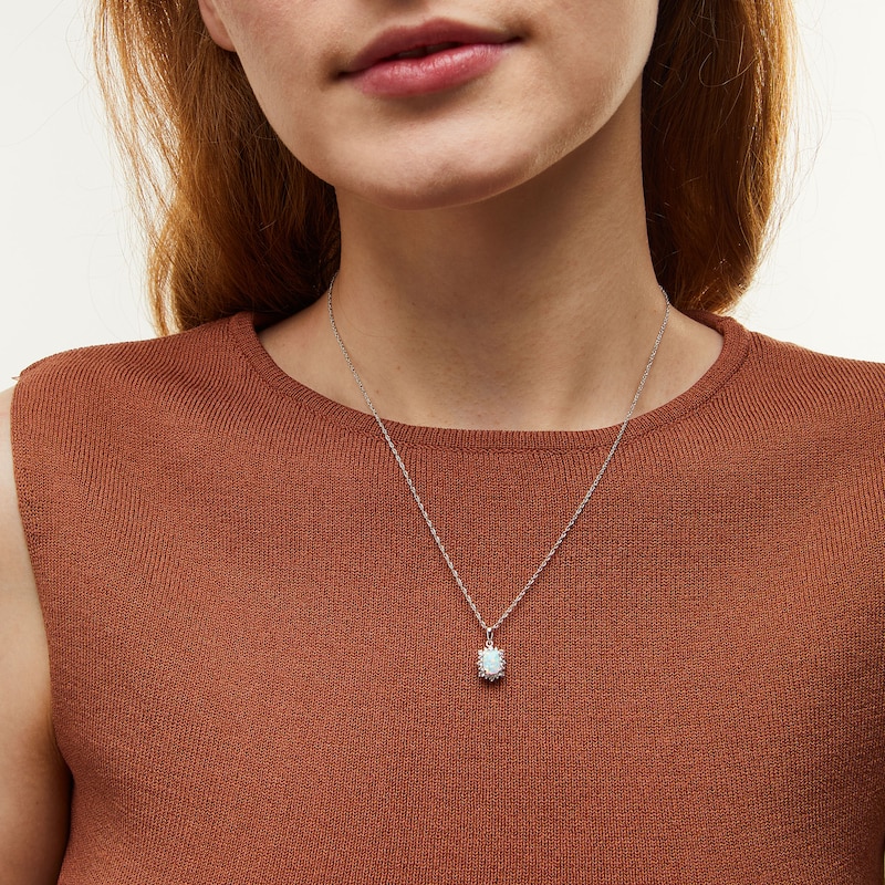 Main Image 2 of Cushion-Shaped Lab-Created Opal and White Lab-Created Sapphire Sunburst Frame Pendant in Sterling Silver