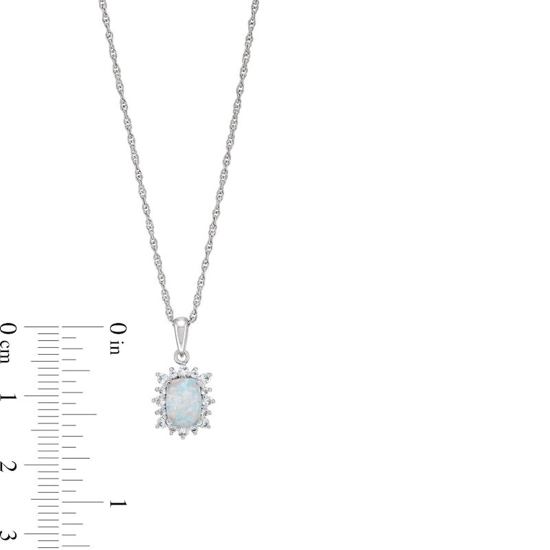 Main Image 3 of Cushion-Shaped Lab-Created Opal and White Lab-Created Sapphire Sunburst Frame Pendant in Sterling Silver
