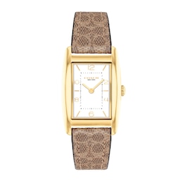 Ladies' Coach Reese Gold-Tone IP Brown Leather Strap Watch with Rectangular White Dial (Model: 14504355)