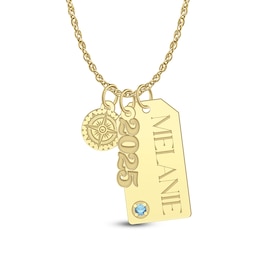 Birthstone Engravable Name Tag and Graduation Year with Compass Three Piece Charm Pendant (1 Stone, Year and Line)