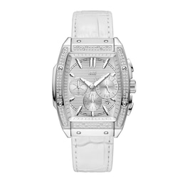 Men’s JBW Echelon 1/8 CT. T.W. Certified Diamond Chronograph Leather Strap Watch with Silver-Tone Tonneau Dial (Model: J6379G)