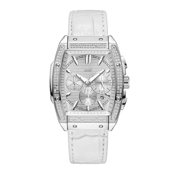 Men’s JBW Echelon 1/8 CT. T.W. Certified Diamond Chronograph Leather Strap Watch with Silver-Tone Tonneau Dial (Model: J6379G)