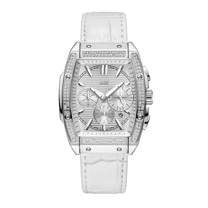 Main Image 1 of Men’s JBW Echelon 1/8 CT. T.W. Certified Diamond Chronograph Leather Strap Watch with Silver-Tone Tonneau Dial (Model: J6379G)