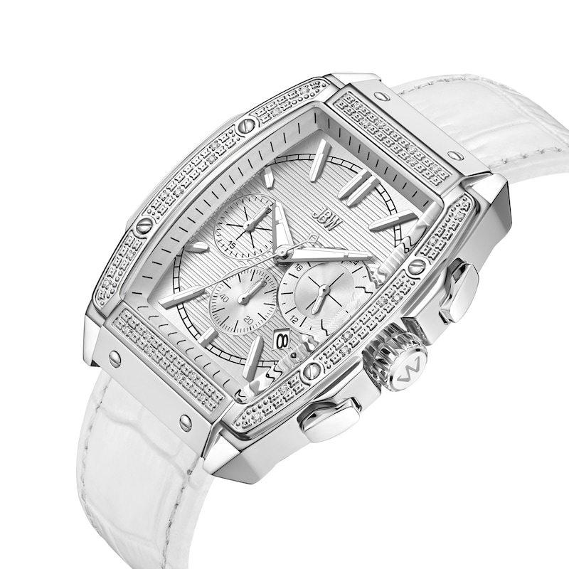 Main Image 2 of Men’s JBW Echelon 1/8 CT. T.W. Certified Diamond Chronograph Leather Strap Watch with Silver-Tone Tonneau Dial (Model: J6379G)