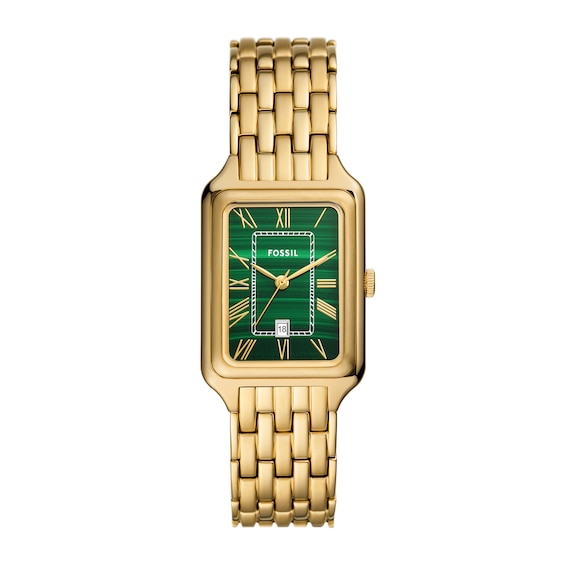 Ladies’ Fossil Raquel Gold-Tone IP Watch with Rectangular Malachite Dial (Model: ES5341)