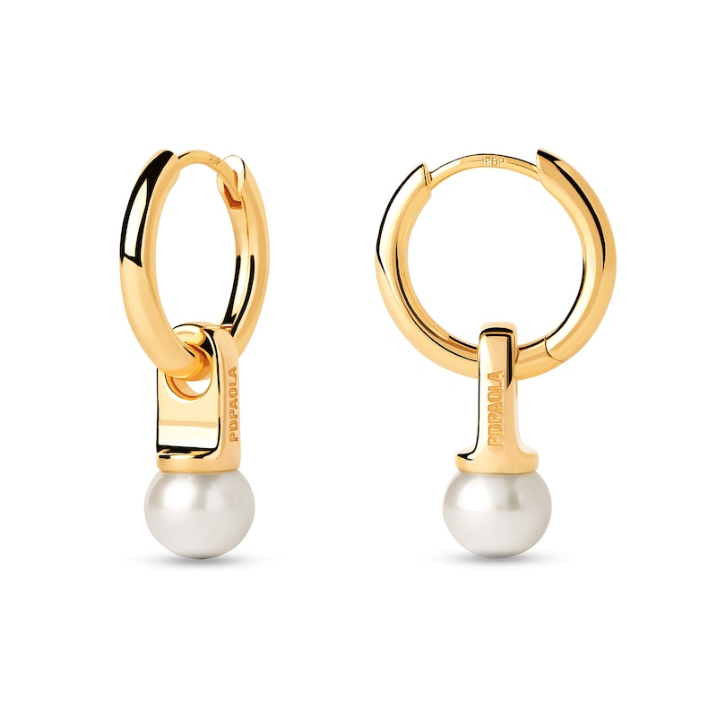 Main Image 1 of PDPAOLA™ at Zales 6.5mm Freshwater Cultured Pearl Dangle Hoop Earrings in Sterling Silver with 18K Gold Plate