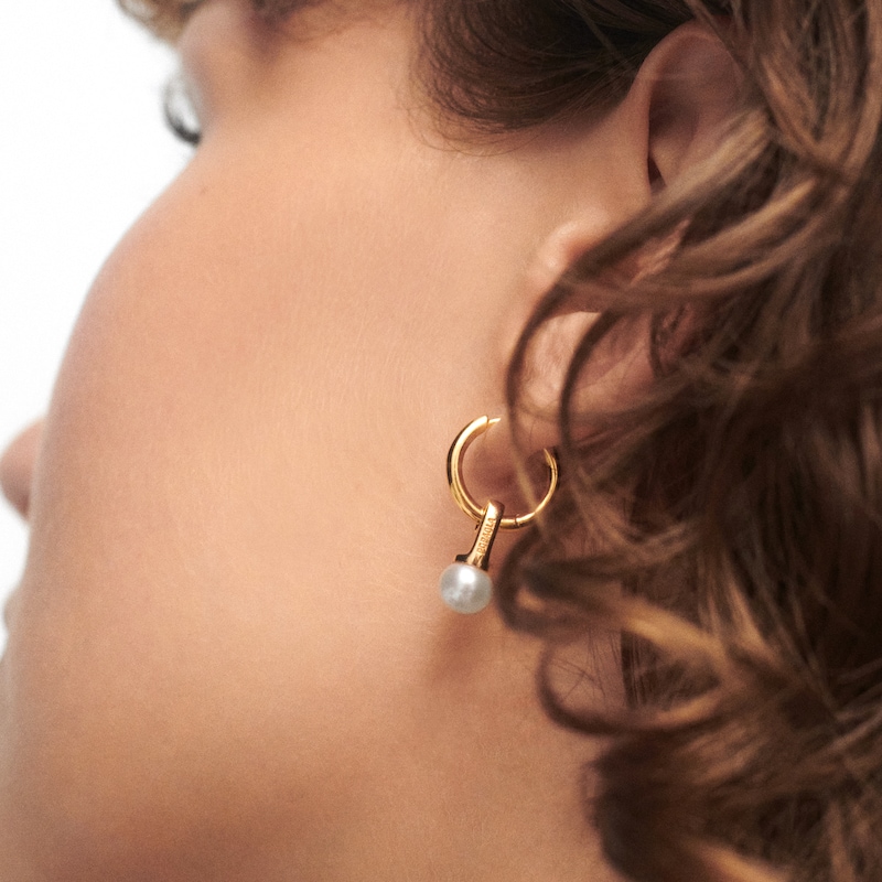 Main Image 2 of PDPAOLA™ at Zales 6.5mm Freshwater Cultured Pearl Dangle Hoop Earrings in Sterling Silver with 18K Gold Plate