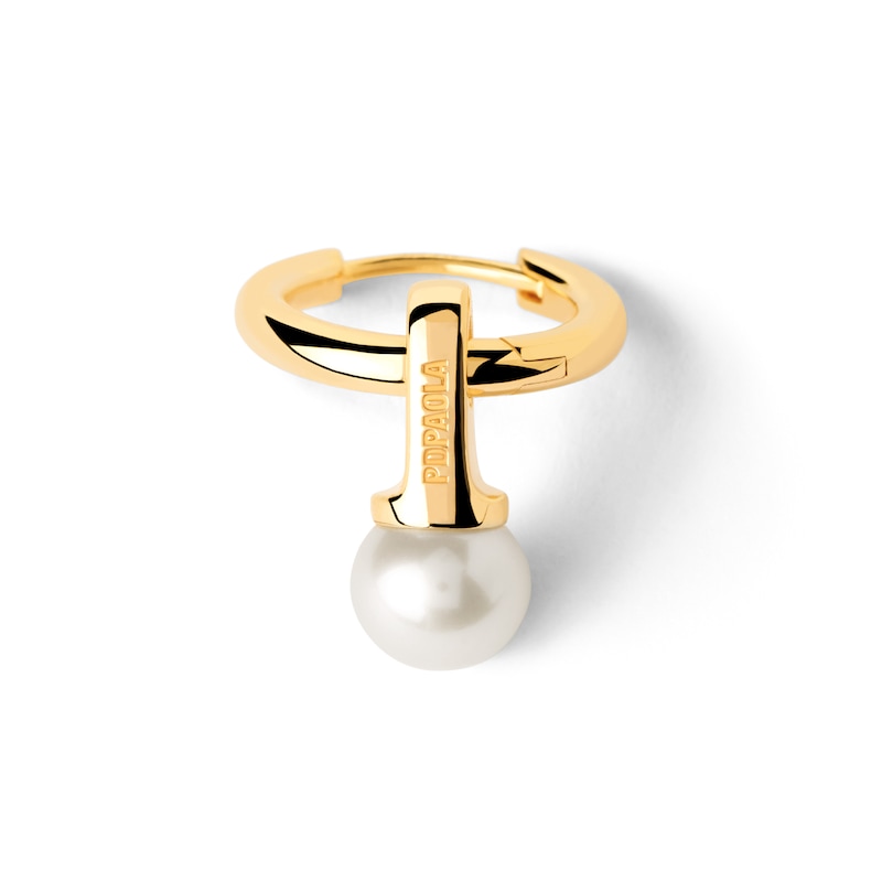 Main Image 3 of PDPAOLA™ at Zales 6.5mm Freshwater Cultured Pearl Dangle Hoop Earrings in Sterling Silver with 18K Gold Plate