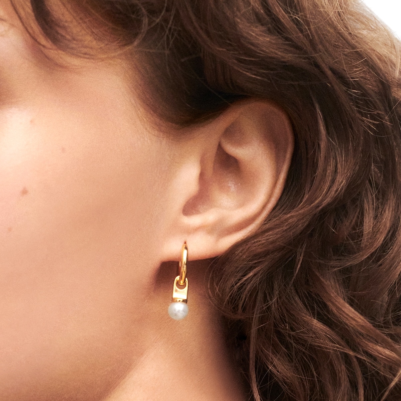Main Image 4 of PDPAOLA™ at Zales 6.5mm Freshwater Cultured Pearl Dangle Hoop Earrings in Sterling Silver with 18K Gold Plate