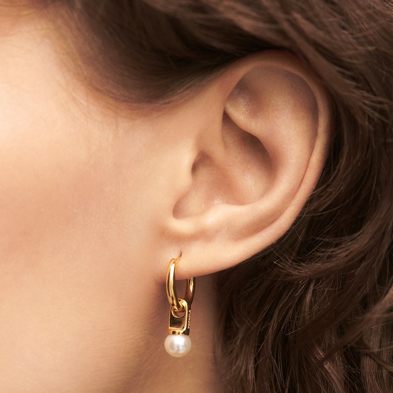 Main Image 5 of PDPAOLA™ at Zales 6.5mm Freshwater Cultured Pearl Dangle Hoop Earrings in Sterling Silver with 18K Gold Plate