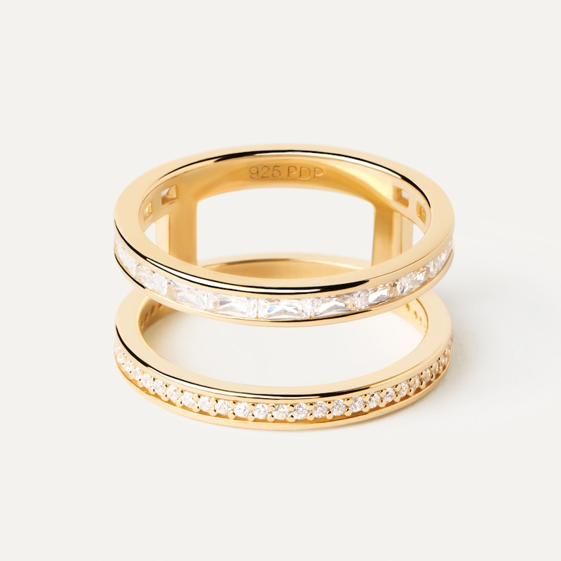 Main Image 3 of PDPAOLA™ at Zales Cubic Zirconia Baguette and Round Double Row Open Shank Ring in Sterling Silver with 18K Gold Plate