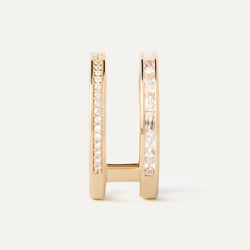 Main Image 4 of PDPAOLA™ at Zales Cubic Zirconia Baguette and Round Double Row Open Shank Ring in Sterling Silver with 18K Gold Plate