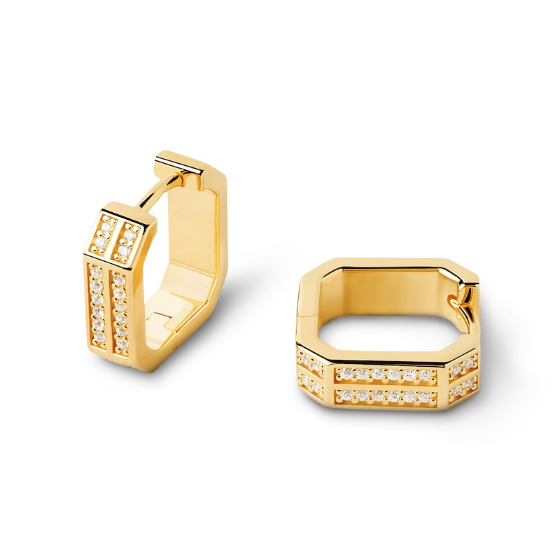 Main Image 3 of PDPAOLA™ at Zales Cubic Zirconia Double Row Octagonal Hoop Earrings in Sterling Silver with 18K Gold Plate