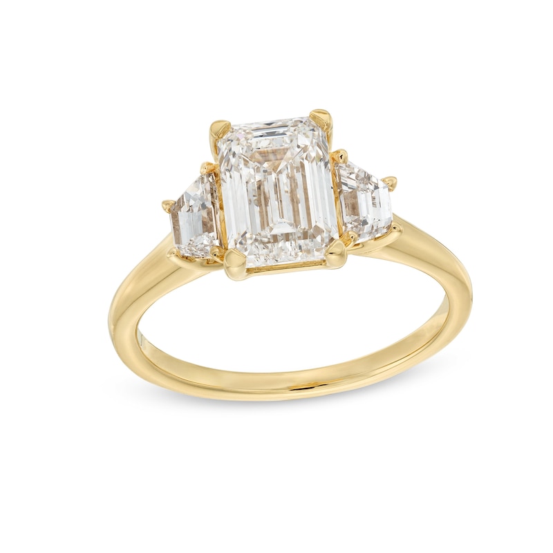 Main Image 1 of 2-1/2 CT. T.W. Emerald and Trapezoid-Cut Certified Lab-Grown Diamond Three Stone Engagement Ring in 14K Gold (F/VS2)