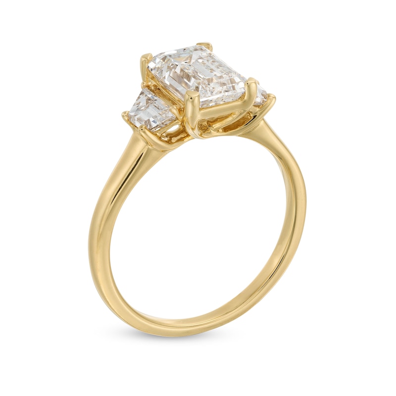 Main Image 3 of 2-1/2 CT. T.W. Emerald and Trapezoid-Cut Certified Lab-Grown Diamond Three Stone Engagement Ring in 14K Gold (F/VS2)