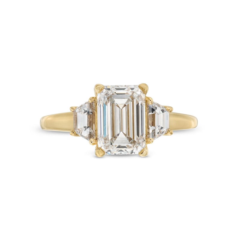 Main Image 4 of 2-1/2 CT. T.W. Emerald and Trapezoid-Cut Certified Lab-Grown Diamond Three Stone Engagement Ring in 14K Gold (F/VS2)