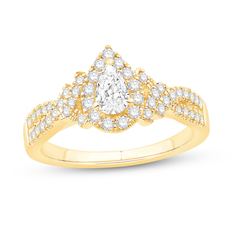 Main Image 1 of 3/4 CT. T.W. Pear-Shaped Diamond Frame Twist Split Shank Engagement Ring in 14K Gold