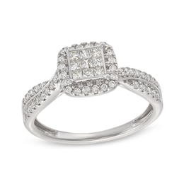 1/2 CT. T.W. Princess-Cut Multi-Diamond Cushion-Shaped Frame Twist Shank Engagement Ring in 14K White Gold