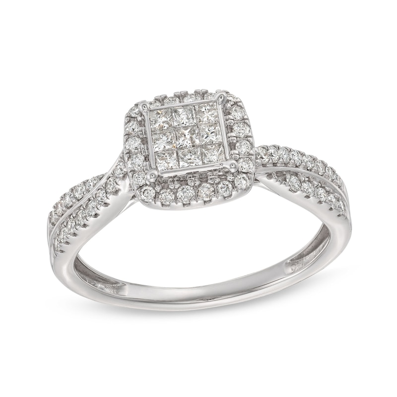 Main Image 1 of 1/2 CT. T.W. Princess-Cut Multi-Diamond Cushion-Shaped Frame Twist Shank Engagement Ring in 14K White Gold