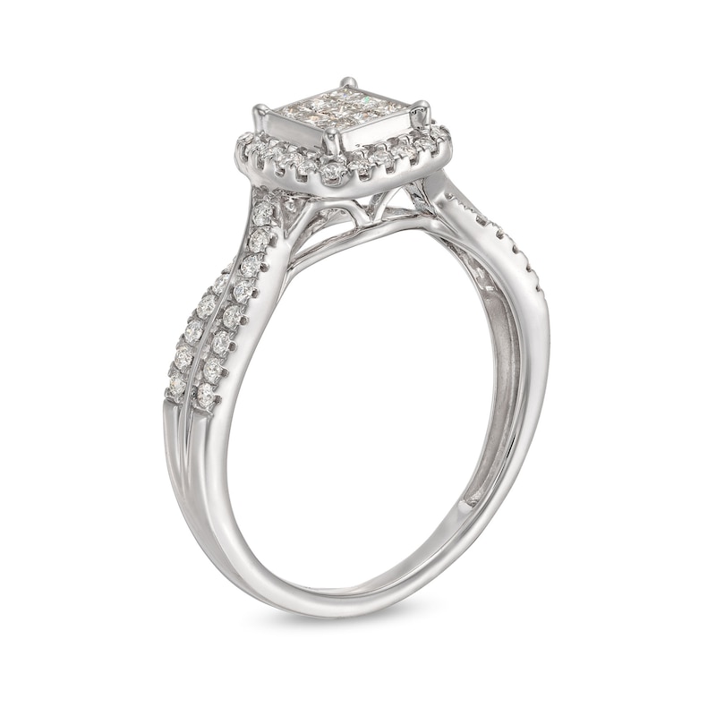 Main Image 2 of 1/2 CT. T.W. Princess-Cut Multi-Diamond Cushion-Shaped Frame Twist Shank Engagement Ring in 14K White Gold