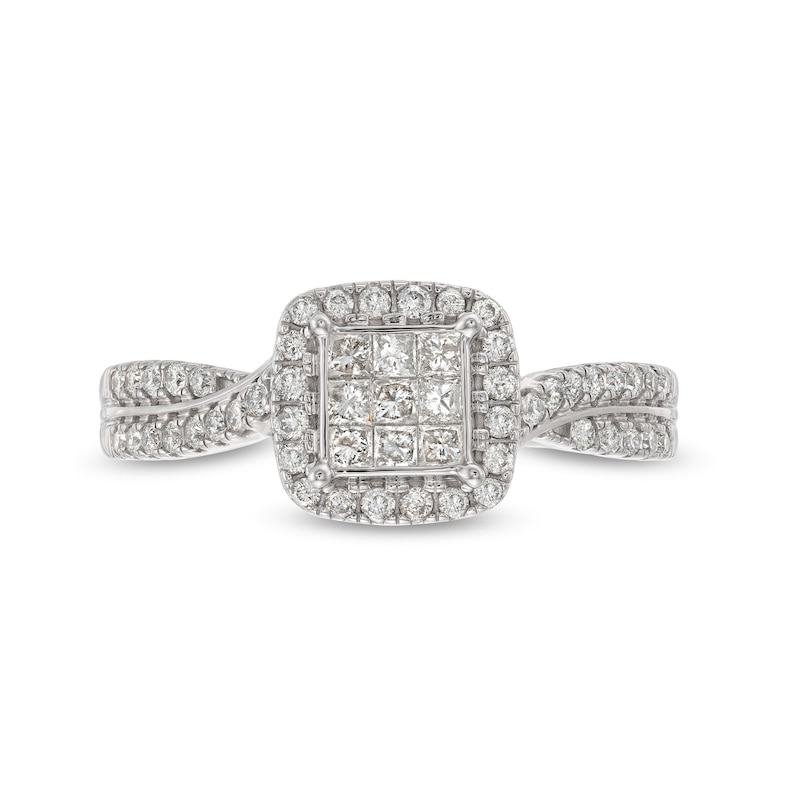 Main Image 3 of 1/2 CT. T.W. Princess-Cut Multi-Diamond Cushion-Shaped Frame Twist Shank Engagement Ring in 14K White Gold
