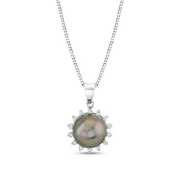 8.0mm Black Tahitian Cultured Pearl and 1/10 CT. T.W. Diamond Sunburst Frame Pendant in 14K White Gold