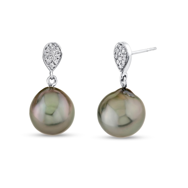 Main Image 1 of 10.0mm Oval-Shaped Black Tahitian Cultured Pearl and 1/6 CT. T.W Diamond Drop Earrings in 14K White Gold