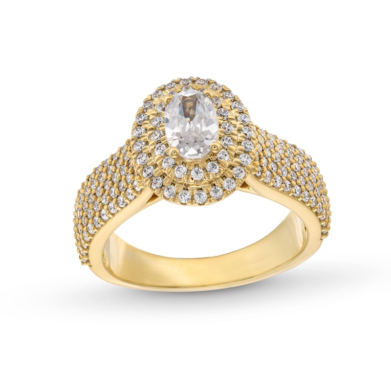 Main Image 1 of 1-1/3 CT. T.W. Oval Diamond Double Frame Multi-Row Shank Engagement Ring in 14K Gold