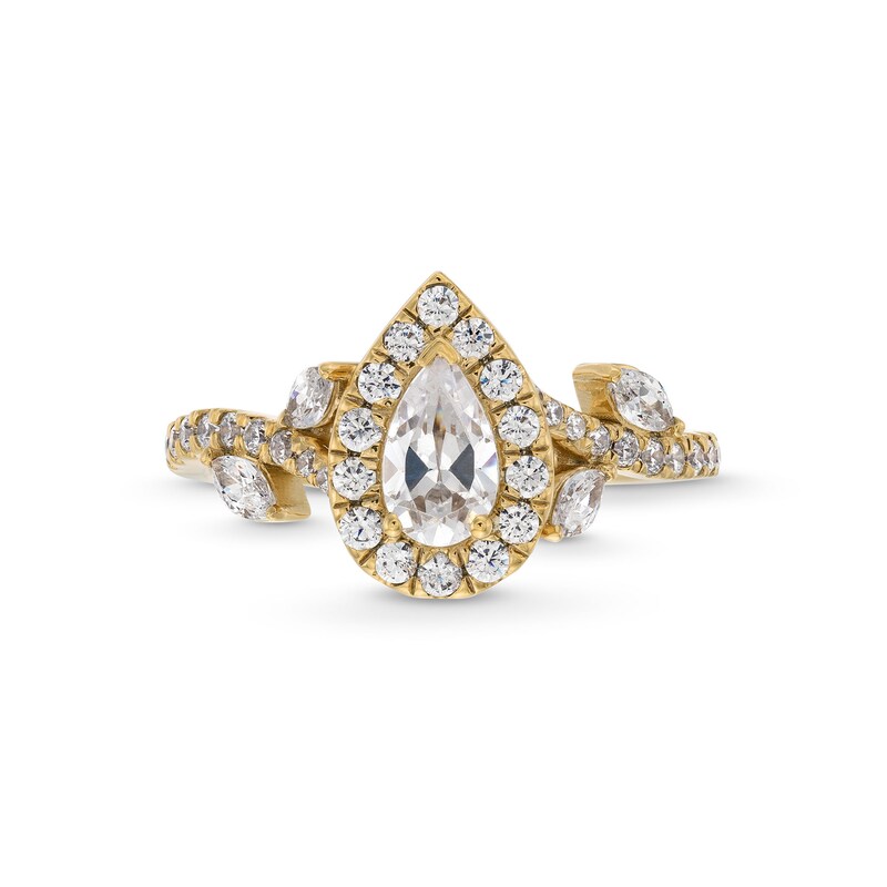 Main Image 4 of 1-1/4 CT. T.W. Pear-Shaped Diamond Frame Leaf Shank Engagement Ring in 14K Gold