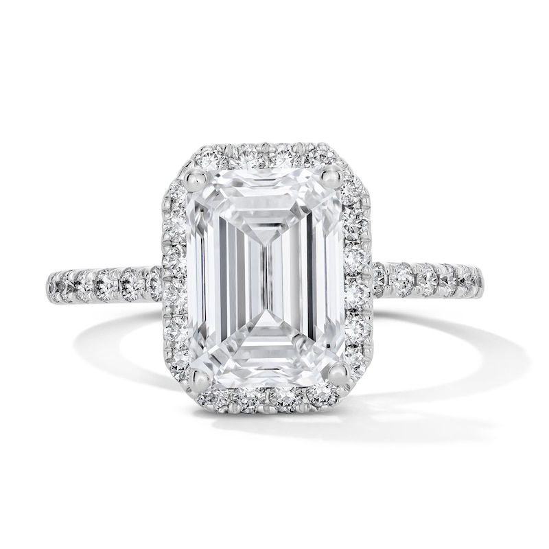 Main Image 1 of 3-1/2 CT. T.W. Emerald-Cut Certified Lab-Grown Diamond Frame Engagement Ring in 14K White Gold (F/VS2)