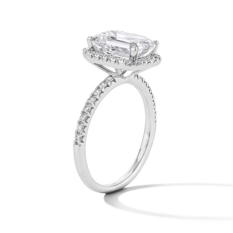 Main Image 3 of 3-1/2 CT. T.W. Emerald-Cut Certified Lab-Grown Diamond Frame Engagement Ring in 14K White Gold (F/VS2)