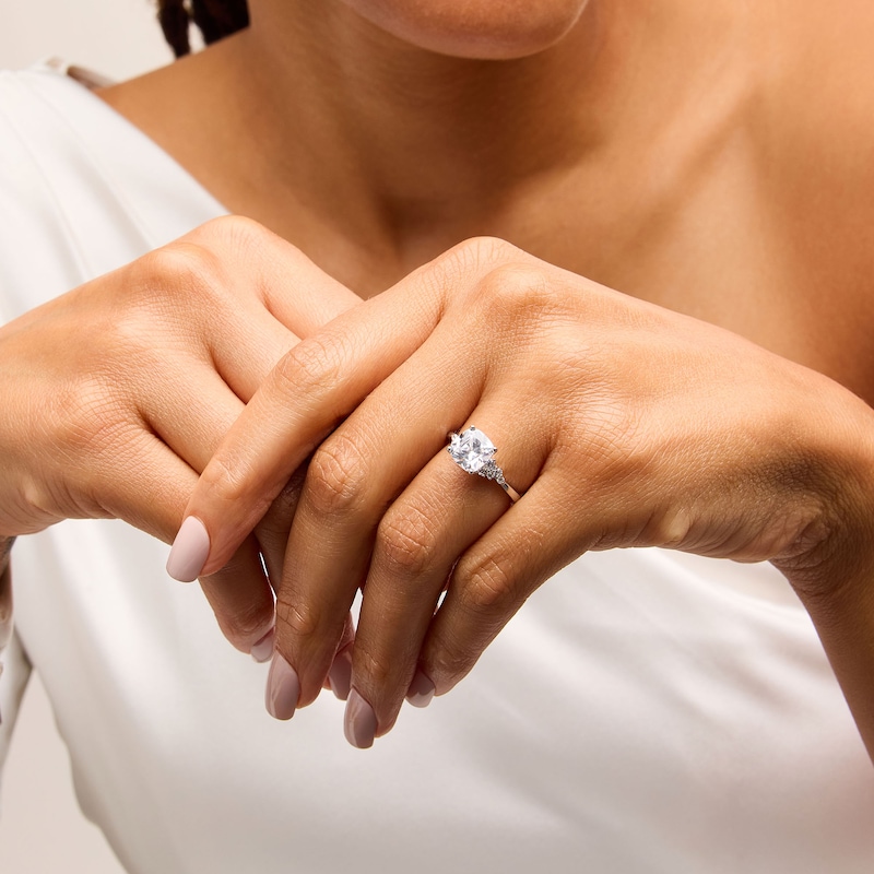 Main Image 2 of 2-1/4 CT. T.W. Cushion-Cut Certified Lab-Grown Diamond Scatter Engagement Ring in 14K White Gold (F/VS2)