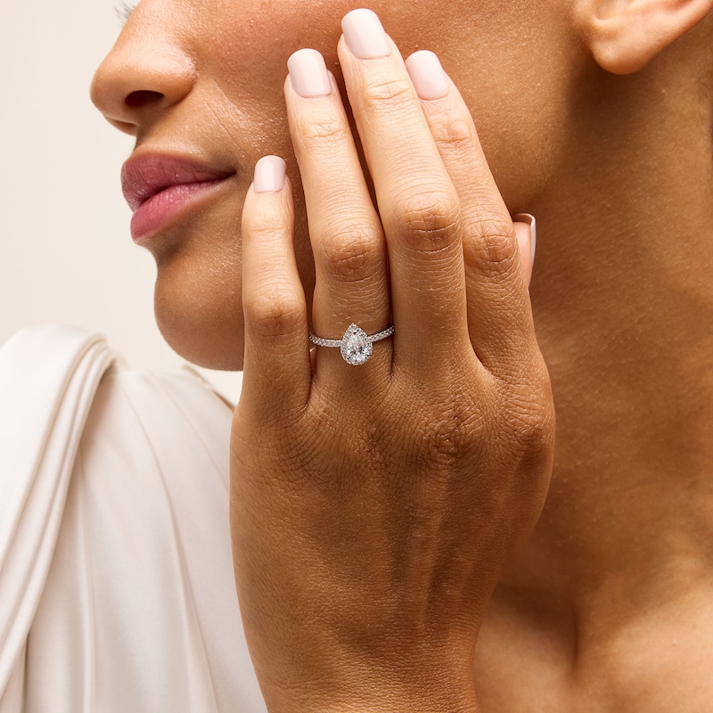 Main Image 2 of 1 CT. T.W. Pear-Shaped Certified Lab-Grown Diamond Frame Engagement Ring in 14K White Gold (F/VS2)