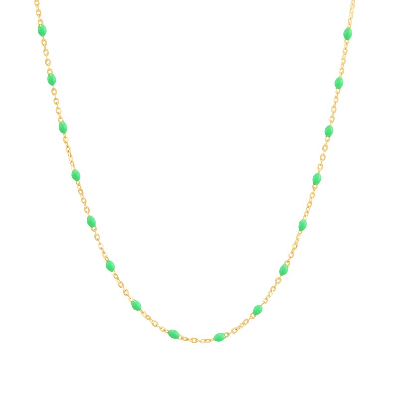 Main Image 1 of Green Enamel Rice Bead Station Chain Necklace in Solid 14K Gold