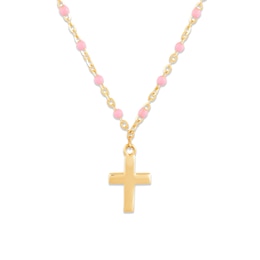 Pink Enamel Bead Station Chain with Cross Necklace in 14K Gold