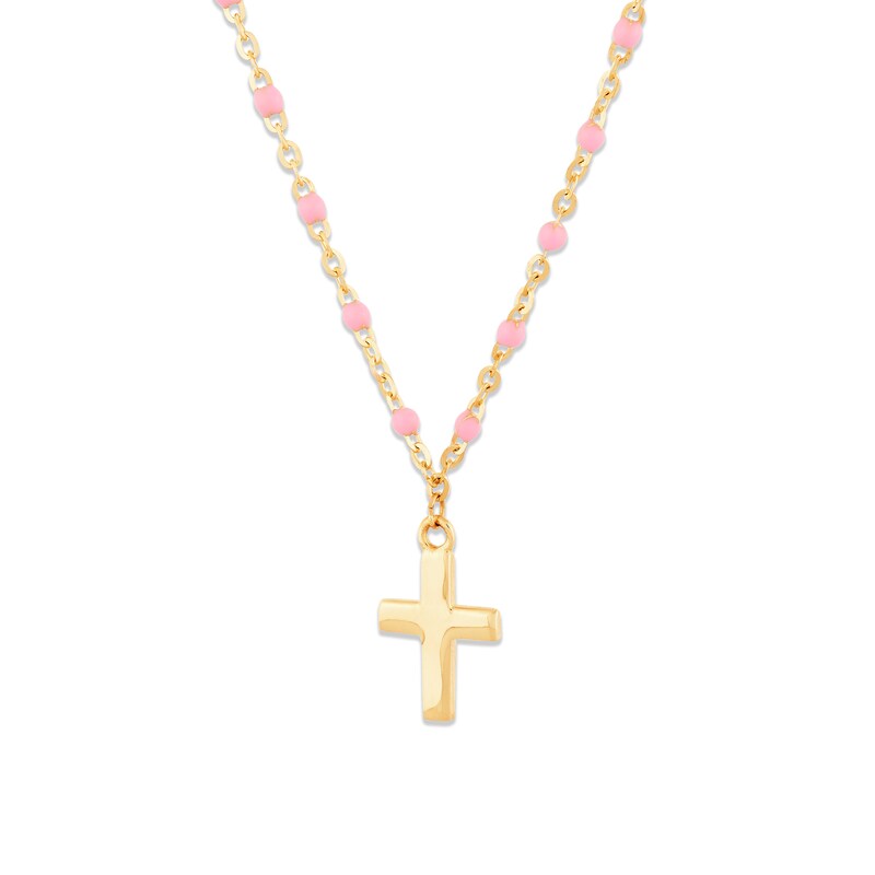 Main Image 2 of Pink Enamel Bead Station Chain with Cross Necklace in 14K Gold