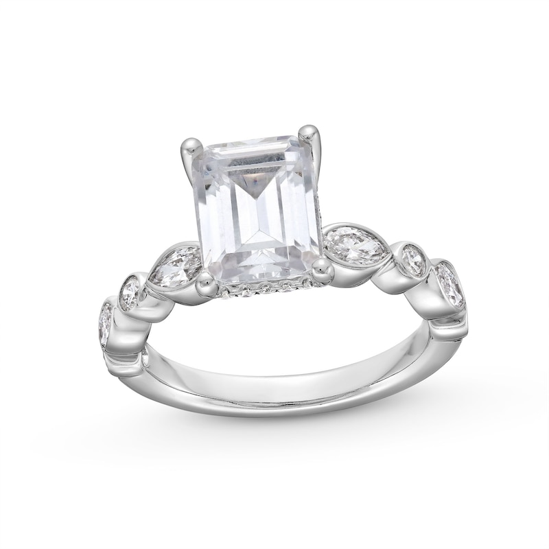 Main Image 1 of 3-3/4 CT. T.W. Emerald-Cut Certified Lab-Grown Diamond Alternating Shank Engagement Ring in 14K White Gold (F/VS2)