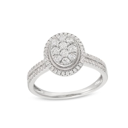 1/2 CT. T.W. Oval Multi-Diamond Frame Double Row Vintage-Style Engagement Ring in 10K White Gold