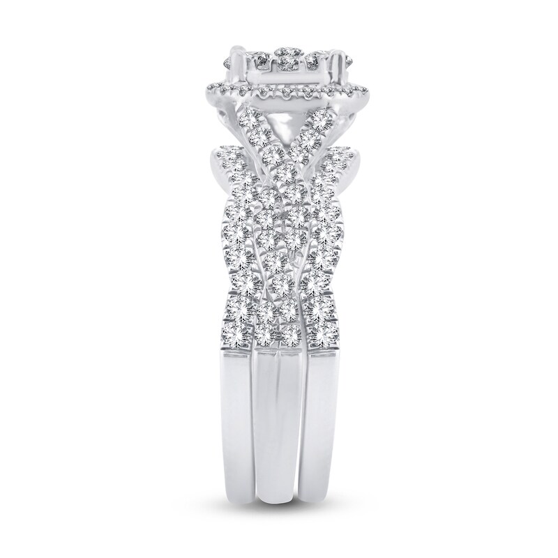 Main Image 2 of 1-1/8 CT. T.W. Oval Multi-Diamond Frame Twist Shank Bridal Set in 14K White Gold